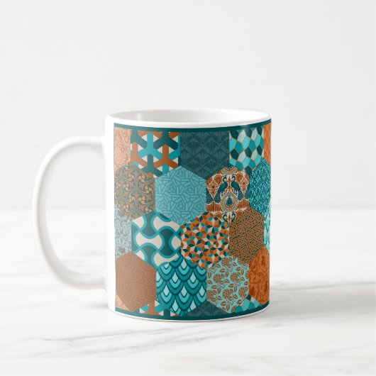 Koper en Turquoise Patchwork-Look Koffie Mok (Links)