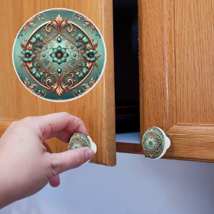 Koper en turquoise ringen en bloemen keramische knop