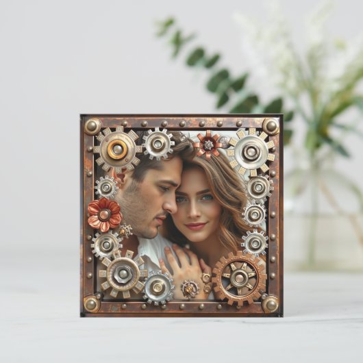 Koper en zilver Steampunk bruiloft uitnodiging (Staand voorkant)