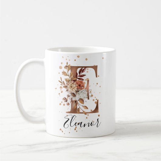 Koper Floral Letter E Monogram Coffee Mok (Links)