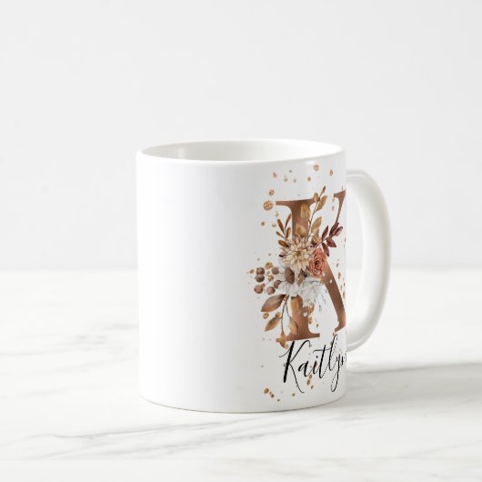 Koper Floral Letter K Monogram Coffee Mok (Voorkant rechts)