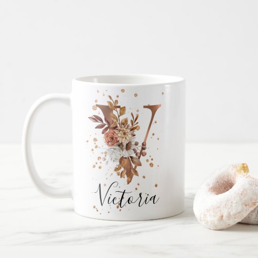 Koper Floral Letter/Monogram koffie Mok (Met donut)
