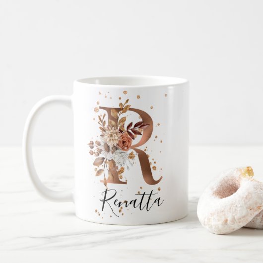 Koper Floral Letter R Monogram Coffee Mok (Met donut)