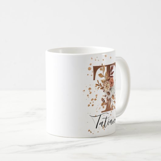 Koper Floral Letter T Monogram Coffee Mok (Voorkant rechts)