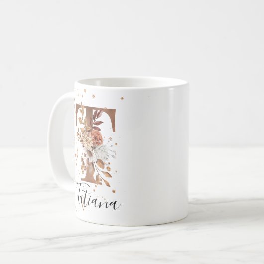 Koper Floral Letter T Monogram Coffee Mok (Voorkant links)