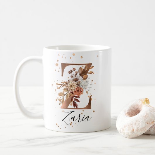 Koper Floral Letter Z Monogram Coffee Mok (Met donut)