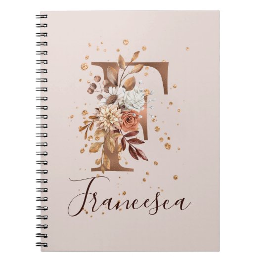 Koper Floral Monogram Letter F Herfst Flowers Notitieboek (Voorkant)