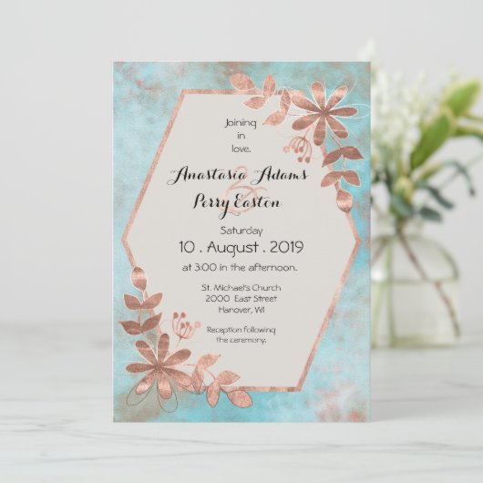 Koper Floral op Blauwgroen Waterverf bruiloft Kaart (Staand voorkant)