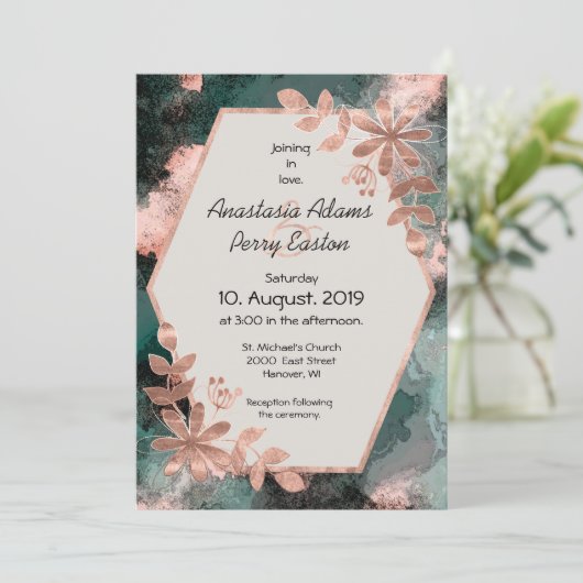 Koper Floral op zwarte en Blauwgroen Waterverf Kaart (Staand voorkant)