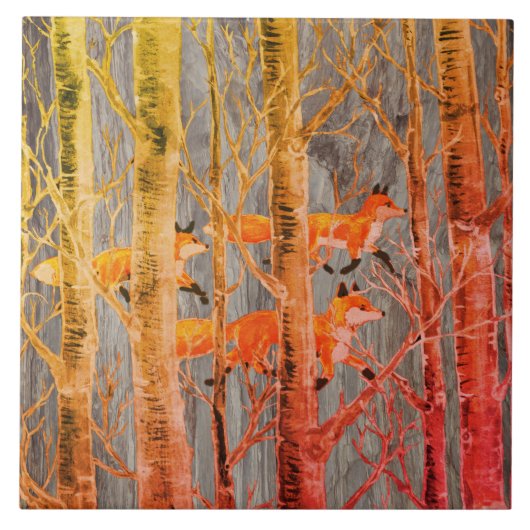 Koper Fox-Bossen op grijze Stone Autumn Batik Kijk Tegeltje (Voorkant)