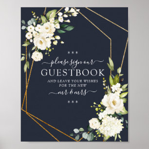 Koper Geometric Blue White Floral Guestbook Sign Poster