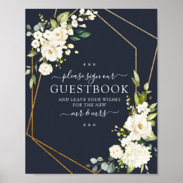 Koper Geometric Blue White Floral Guestbook Sign Poster