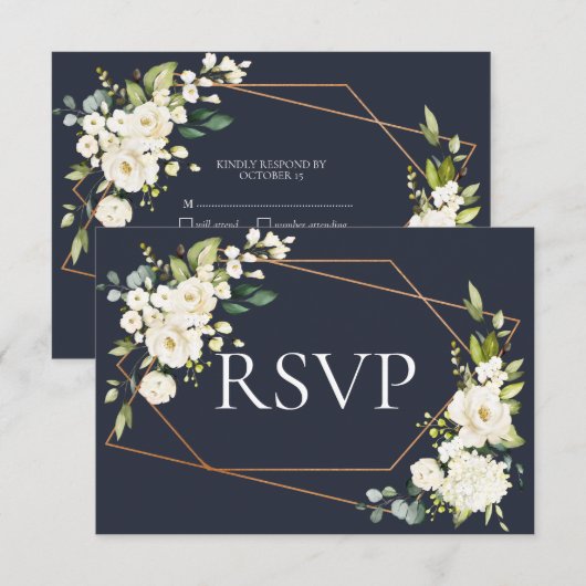 Koper Geometric Blue White Floral No Menu RSVP (Voorkant / Achterkant)