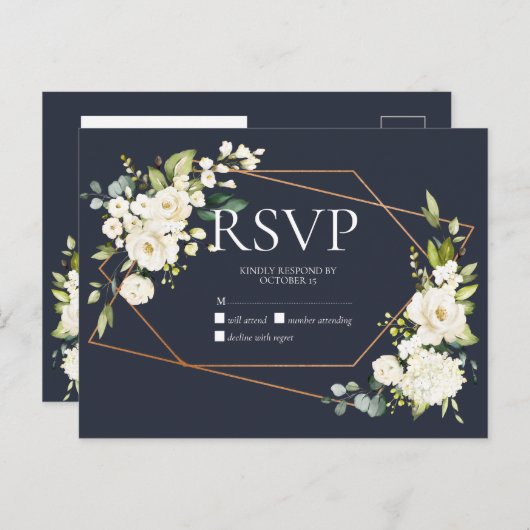 Koper Geometric Blue White Floral No Menu RSVP (Voorkant / Achterkant)