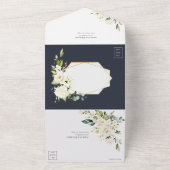 Koper Geometric Blue White Floral Wedding All In One Uitnodiging (Buitenkant)