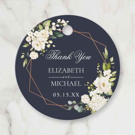 Koper Geometric Blue White Floral Wedding Bedankjes Labels (Voorkant)