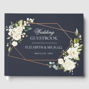Koper Geometric Blue White Floral Wedding Gastenboek