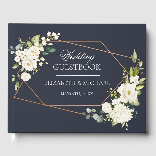 Koper Geometric Blue White Floral Wedding Gastenboek (Voorkant)