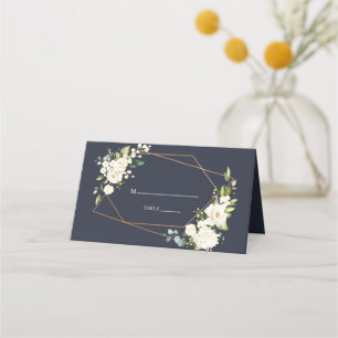 Koper Geometric Blue White Floral Wedding Plaatskaartje