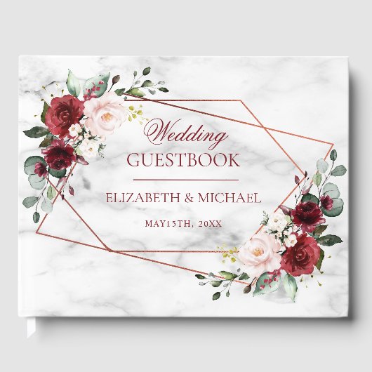 Koper Geometric Burgundy Marble Elegant Wedding Gastenboek (Voorkant)