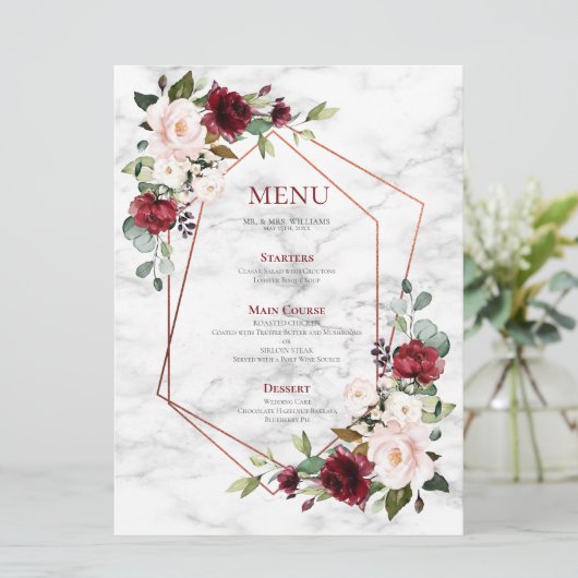 Koper Geometric Burgundy Marble Elegant Wedding Menu (Staand voorkant)