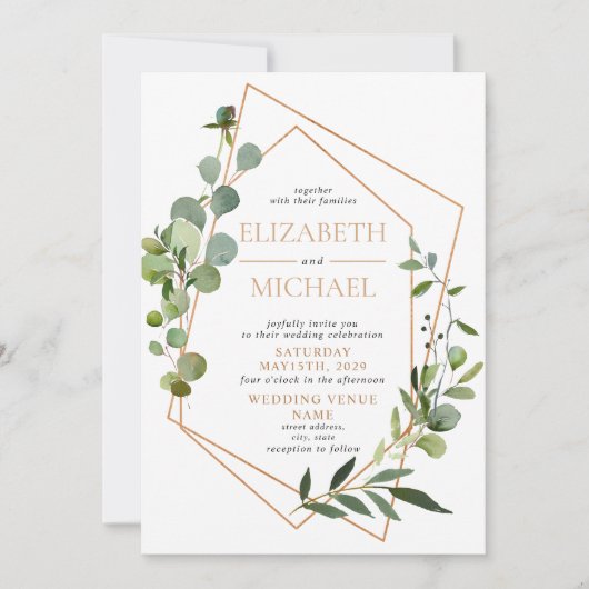 Koper Geometric Eucalyptus Elegant Photo Wedding Kaart (Voorkant)