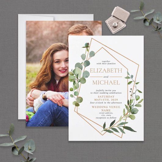 Koper Geometric Eucalyptus Elegant Photo Wedding Kaart