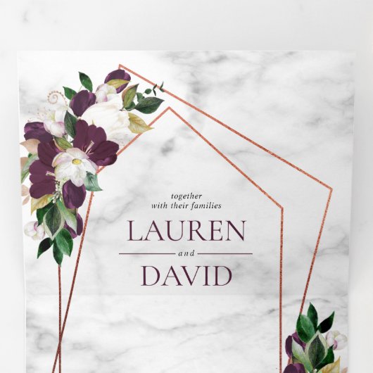 Koper Geometric Marble Plum Burgundy Floral Drieluik Uitnodiging (Binnenzijde eerst)