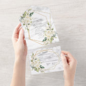 Koper Geometric Marble White Floral Wedding All In One Uitnodiging (Afscheurbaar)