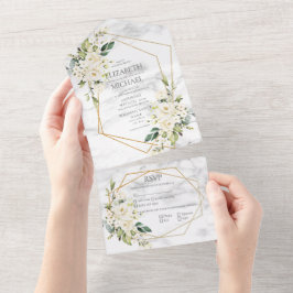 Koper Geometric Marble White Floral Wedding All In One Uitnodiging