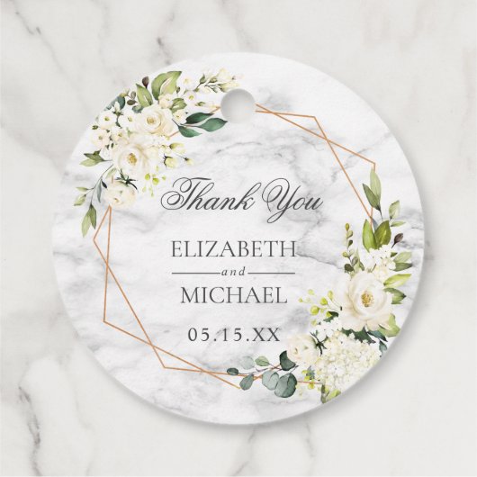 Koper Geometric Marble White Floral Wedding Bedankjes Labels (Achterkant)