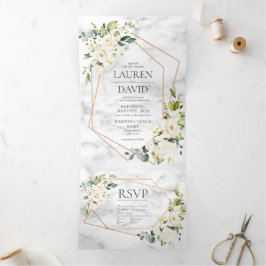 Koper Geometric Marble White Floral Wedding Drieluik Uitnodiging