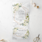 Koper Geometric Marble White Floral Wedding Drieluik Uitnodiging (Binnen)