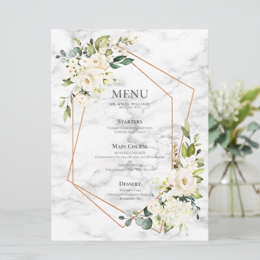 Koper Geometric Marble White Floral Wedding Menu (Staand voorkant)