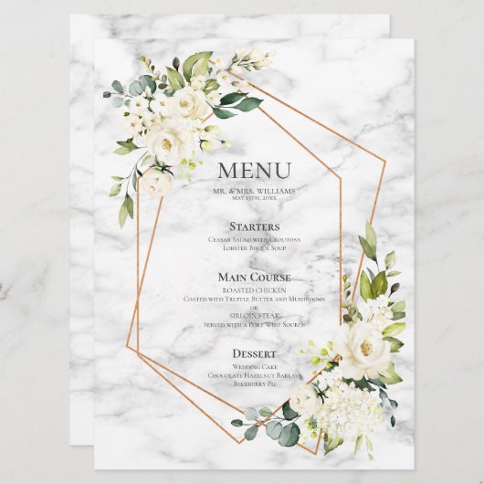 Koper Geometric Marble White Floral Wedding Menu (Voorkant / Achterkant)