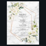 Koper Geometric Marble White Floral Wedding Menu<br><div class="desc">Dit huwelijksmenu is modern en trendy en beschikt over een faux koperen geometrische verfraaid met waterverf witte bloemstukken en eucalyptus groen bloemstukken,  over een faux witte marmeren textuur. Copyright Elegant nodigt uit. Alle rechten voorbehouden.</div>