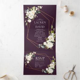 Koper Geometric Plum White Floral Wedding Drieluik Uitnodiging
