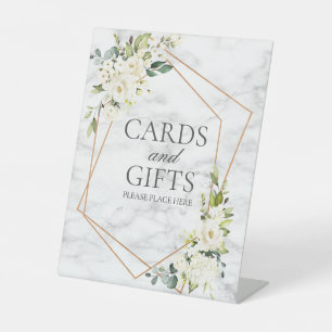Koper Geometric White Floral Marble Wedding Gift Reclamebord Met Voetstuk