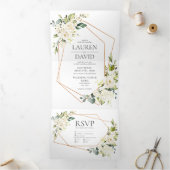 Koper Geometric White Floral Wedding Tri-Fold Inv Drieluik Uitnodiging (Binnen)