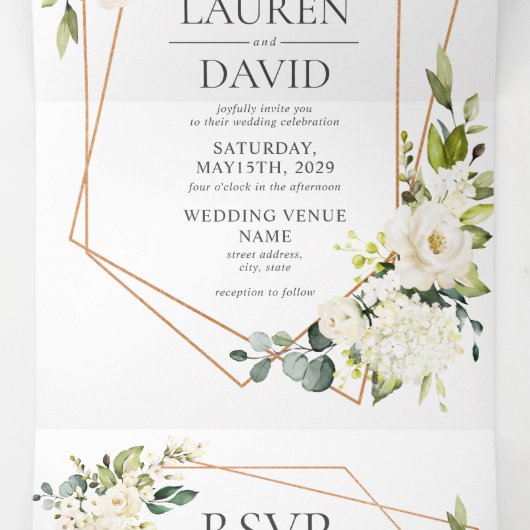 Koper Geometric White Floral Wedding Tri-Fold Inv Drieluik Uitnodiging (Binnenkant midden)