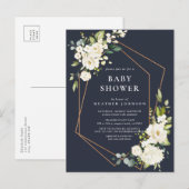 Koper Geometrisch Blauw Wit Bloemen Baby shower Aankondigingskaart (Voorkant / Achterkant)