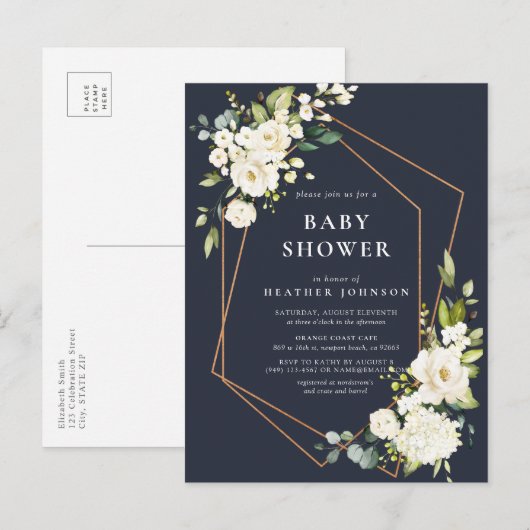 Koper Geometrisch Blauw Wit Bloemen Baby shower Aankondigingskaart (Voorkant / Achterkant)