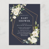 Koper Geometrisch Blauw Wit Bloemen Baby shower Aankondigingskaart (Voorkant)