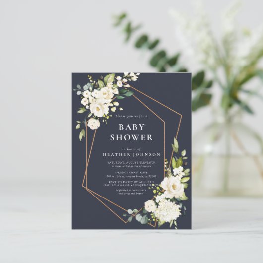 Koper Geometrisch Blauw Wit Bloemen Baby shower Aankondigingskaart (Staand voorkant)