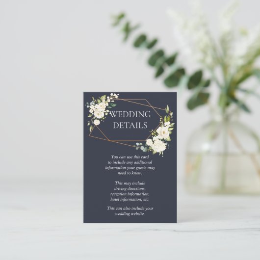 Koper Geometrisch Blauw Wit Bloemen Bruiloft Detai Informatiekaartje (Staand voorkant)