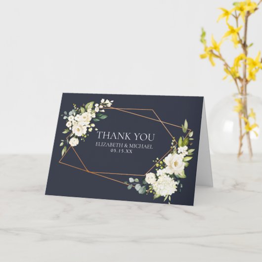 Koper Geometrisch Blauw Wit Bloemen Foto Bruiloft Kaart (Gele Bloem)