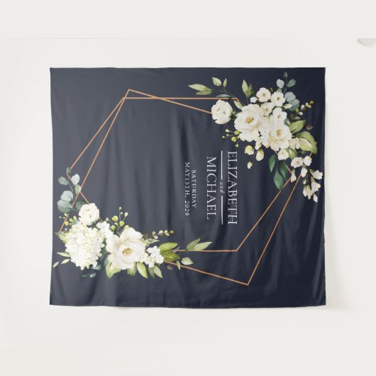 Koper Geometrisch Blauw Witte Bloem Bruiloft Wandkleed (Voorkant (horizontaal))