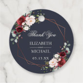 Koper Geometrisch Bourgondië Blauw Elegant Huwelij Bedankjes Labels (Voorkant)