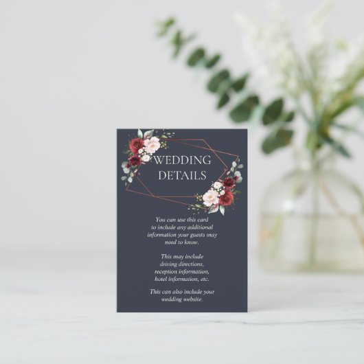 Koper Geometrisch Bourgondisch Blauw Bruiloft Deta Informatiekaartje (Staand voorkant)