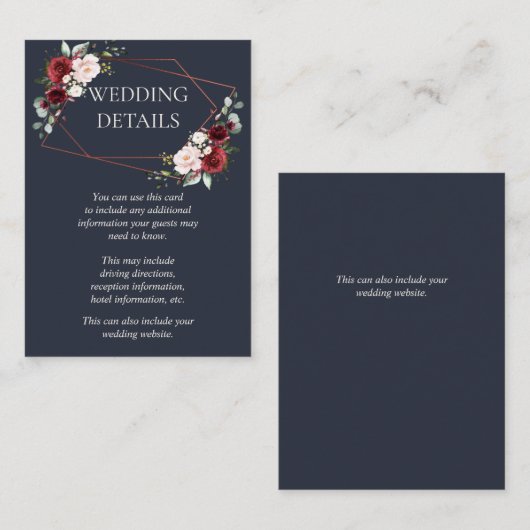 Koper Geometrisch Bourgondisch Blauw Bruiloft Deta Informatiekaartje (Voorkant / Achterkant)